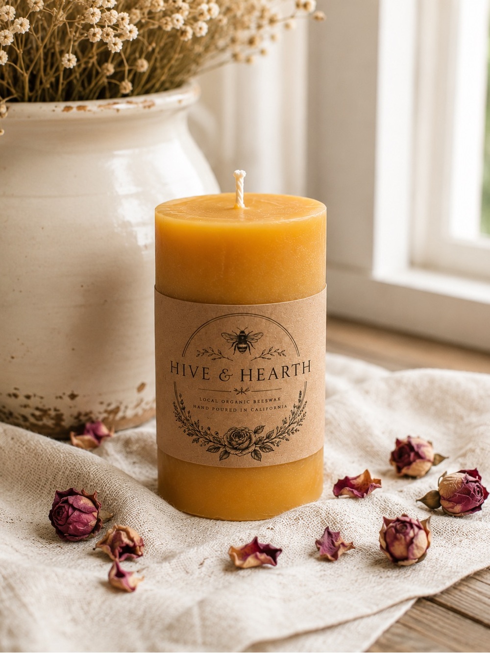 Golden Beeswax Pillar Candle